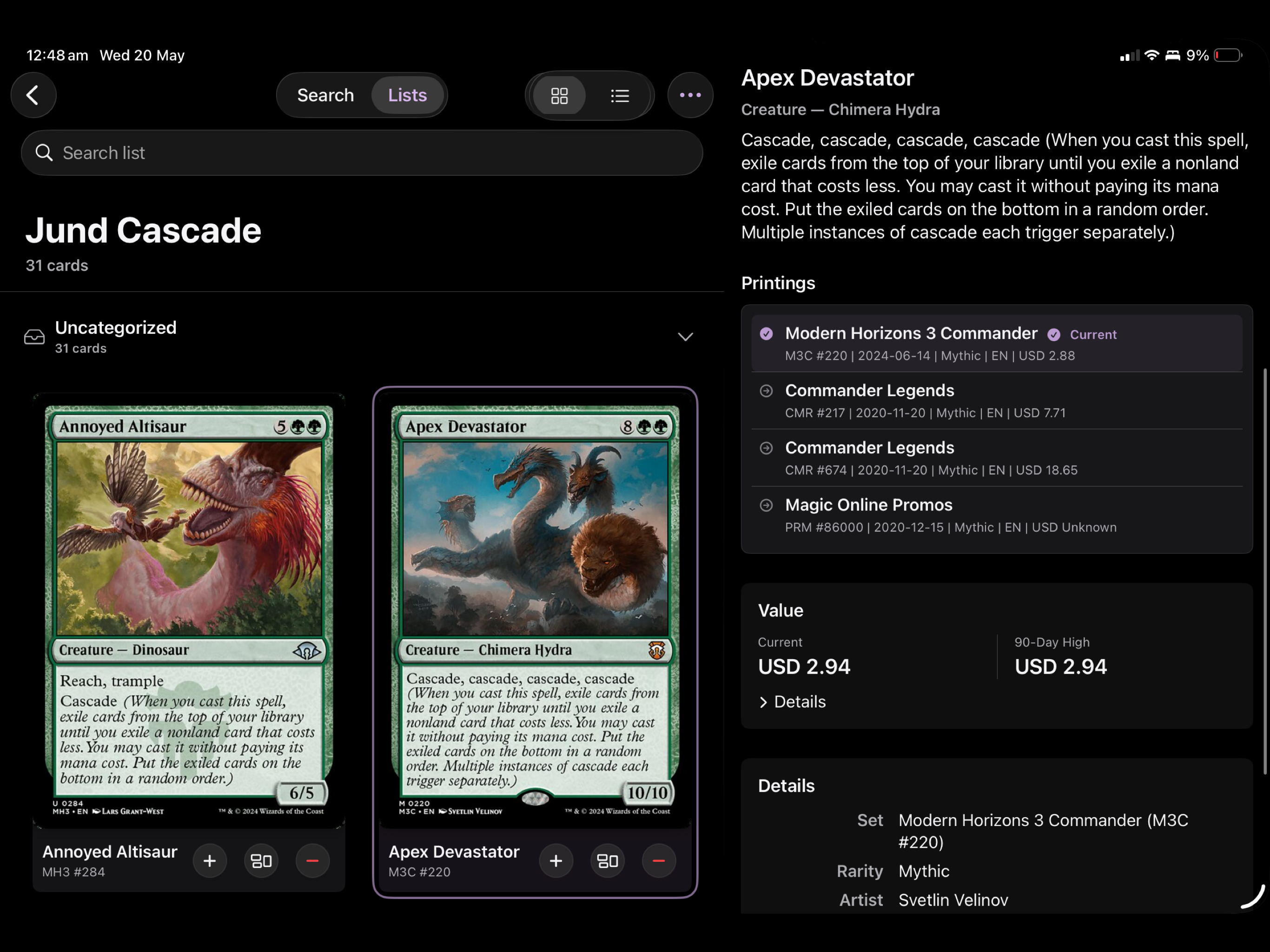 Grimora on iPadOS showing a list detail view, selected card, printings, and value details.