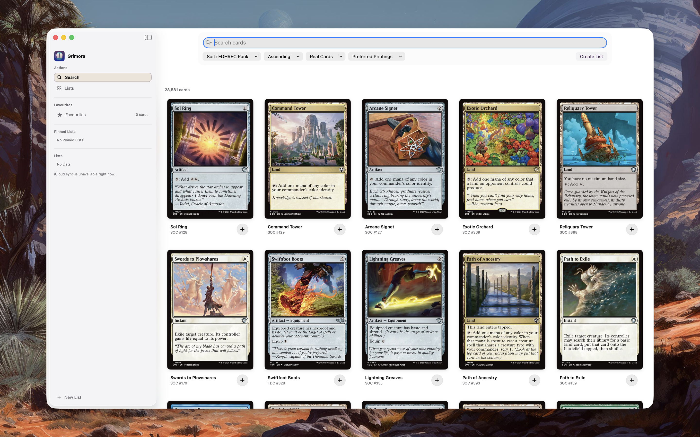 Grimora on macOS showing a card search grid with filters and a sidebar.