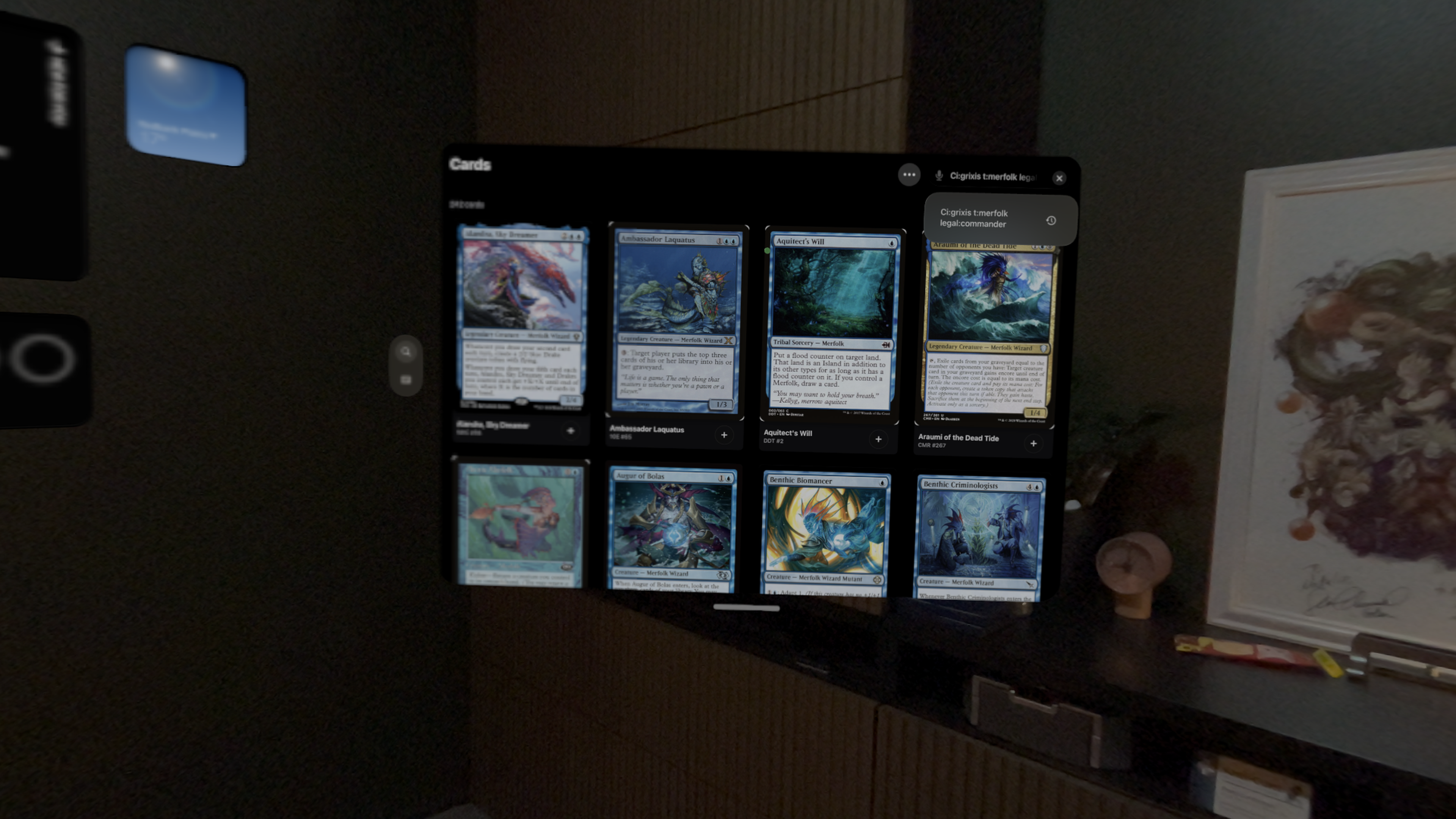 Grimora on visionOS showing card search results in a spatial window.